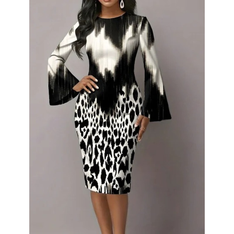 Robe élégante pour soirée, robe moulante mi-longue à imprimé graphique noir et blanc avec manches évasées spectaculaires, robe moderne pour soirée en ville