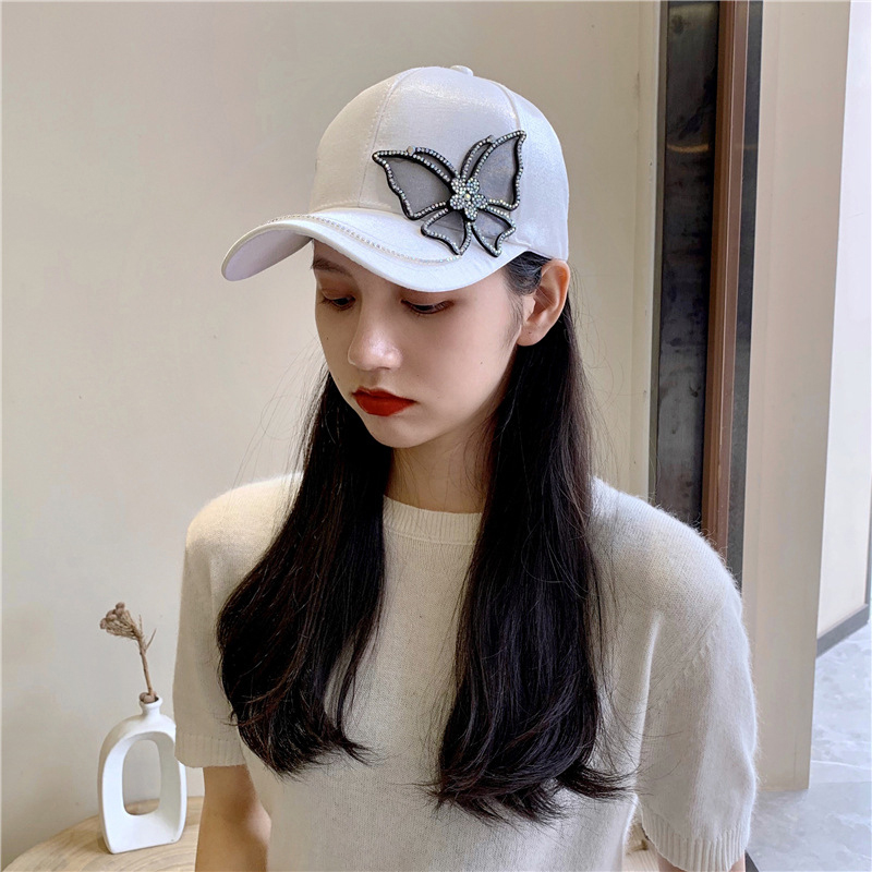Casquette de Baseball pour femmes, strass papillon, Chic, mode féminine, chapeau à visière, soie brillante, Satin, queue de cheval, Bonnet, pare-soleil à Long bord