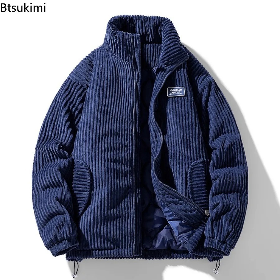 Parka décontractée pour hommes, col montant, couleur unie, vêtements d'extérieur, velours côtelé épais, chaud, veste rembourrée en coton, nouvelle mode hiver