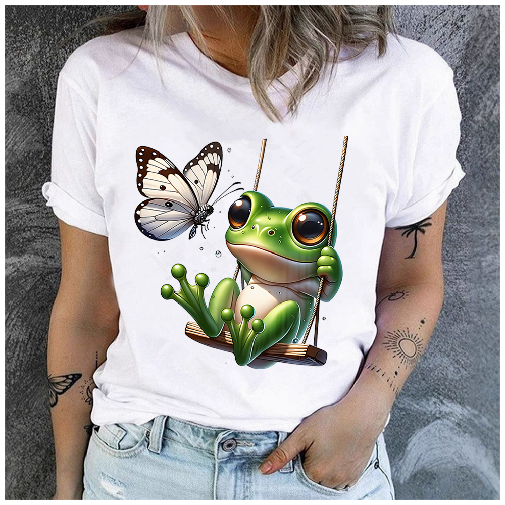 T-shirt en coton 100% pour hommes et femmes, imprimé grenouille sur le balançoire, col rond ample, décontracté, manches courtes, haut à la mode, vêtements d'été