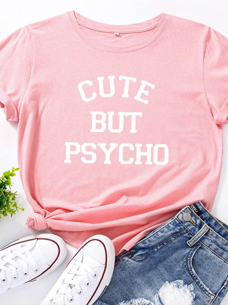 Mignon mais Psycho lettre imprimer femmes t-shirt à manches courtes col rond lâche femmes t-shirt dames t-shirt hauts vêtements Camisetas Mujer