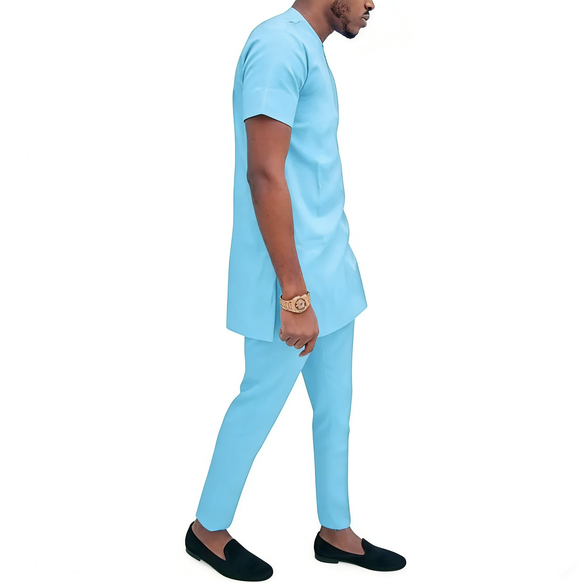 Ensemble de vêtements africains élastiques en coton bleu ciel pour hommes, haut à manches courtes et pantalon, vêtement nigWin ultra fin et respirant, mode