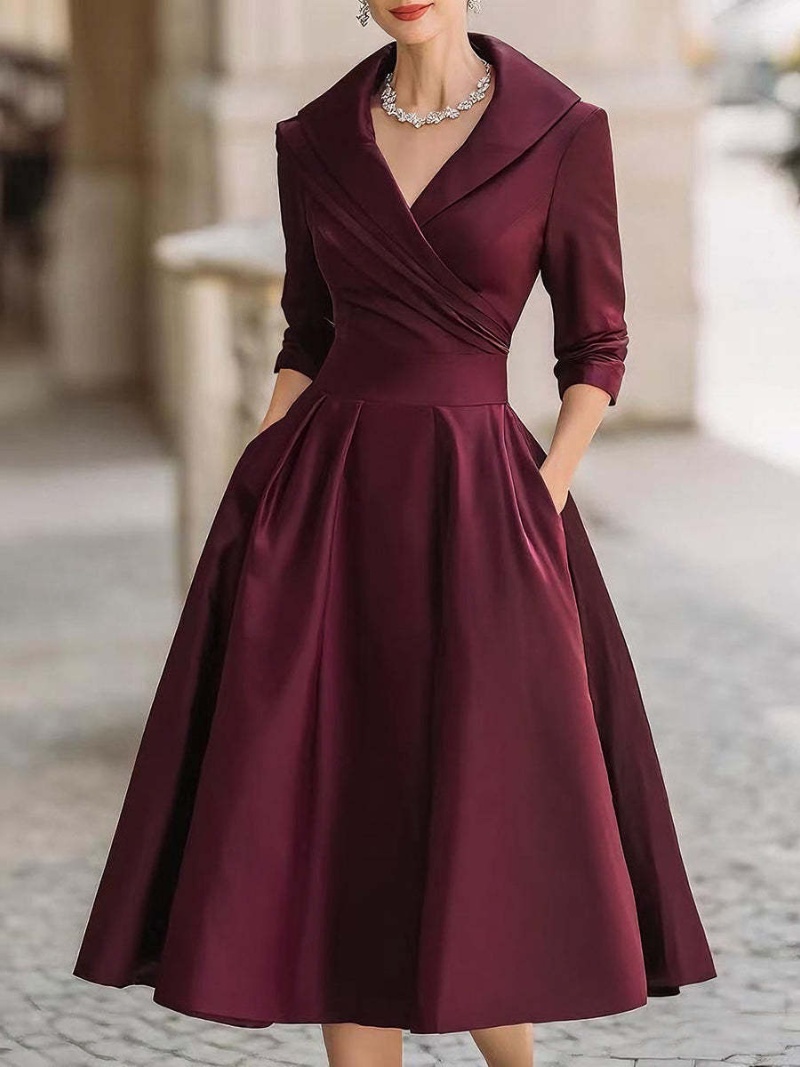 Robe midi élégante pour femme avec col à volants et poches - Tenue de soirée chic