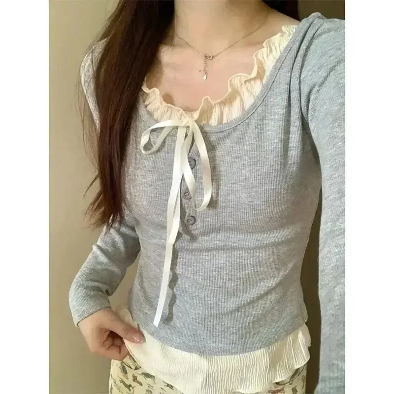 Haut court Y2K Kawaii d'été 2026 pour femme, chemisier décontracté moulant à manches longues, pull uni style coréen, idéal pour le bureau