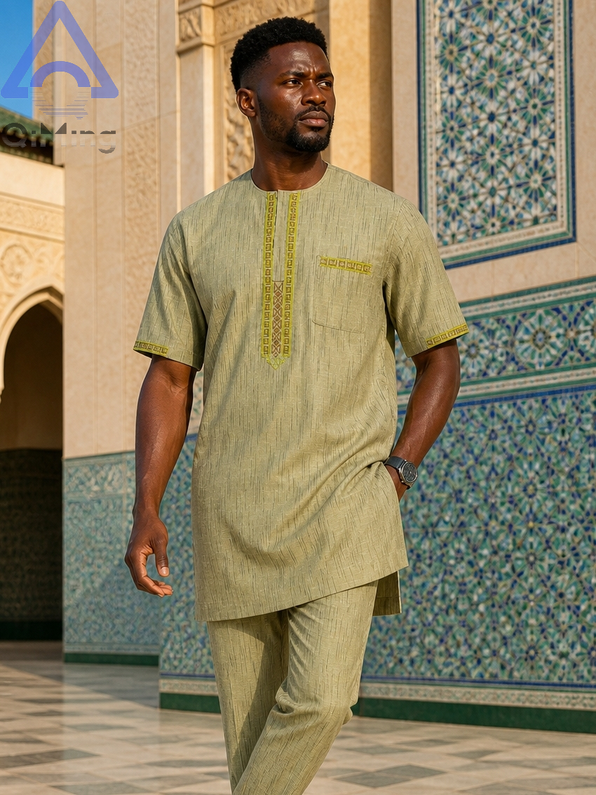Vêtements de mariage musulmans pour hommes QiMing, ensemble deux pièces en coton blanc, boubou brodé et caftan rayé, tenue de prière modeste marocaine