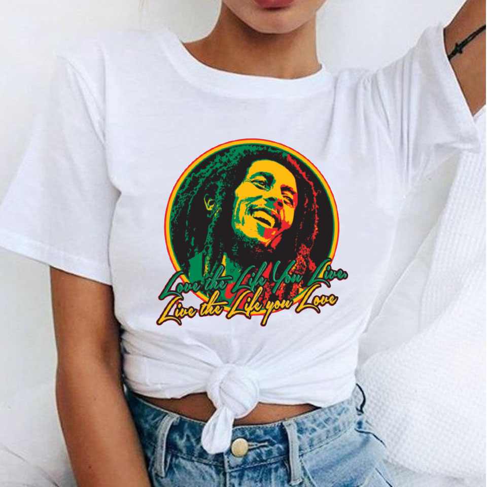Mode femme T-Shirts Bob Marley imprimé décontracté col rond graphique t-shirt mignon à manches courtes T-shirts été hauts Harajuku chemise