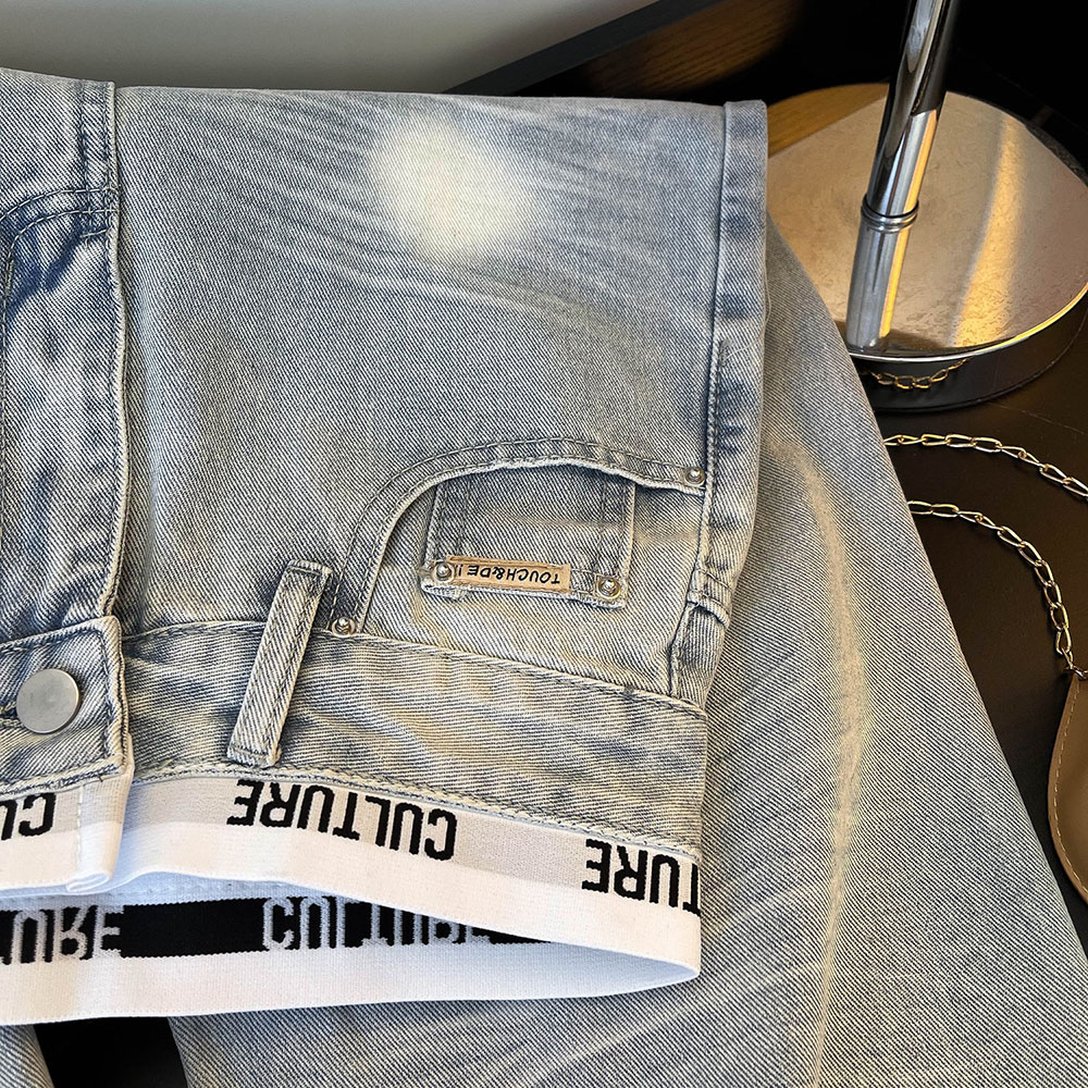 Pantalon en jean bleu clair décontracté pour femme, style rétro, pantalon Spice Girls, taille haute, printemps automne, design à lettres brodées