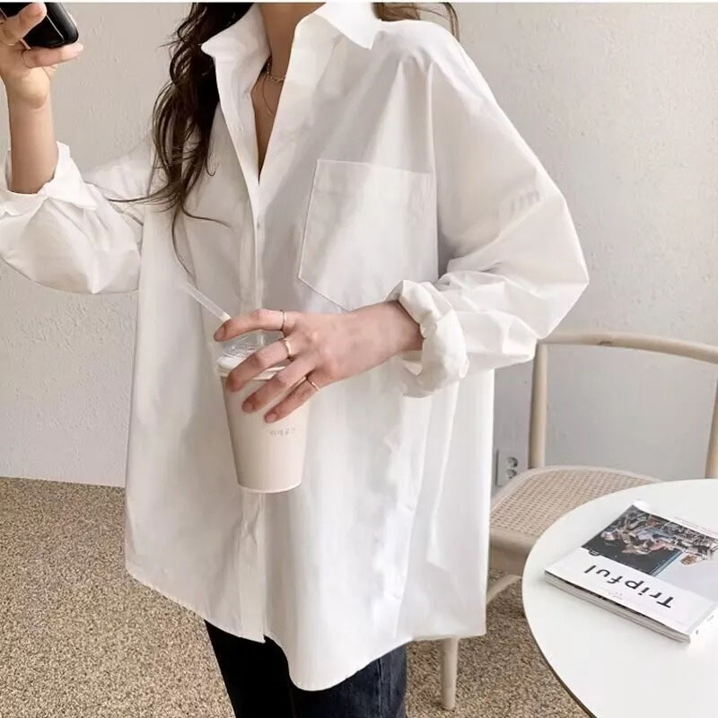 Bureau dame élégant blanc décontracté Blouses amples mode nouveau coton à manches longues femmes chemise col rabattu hauts
