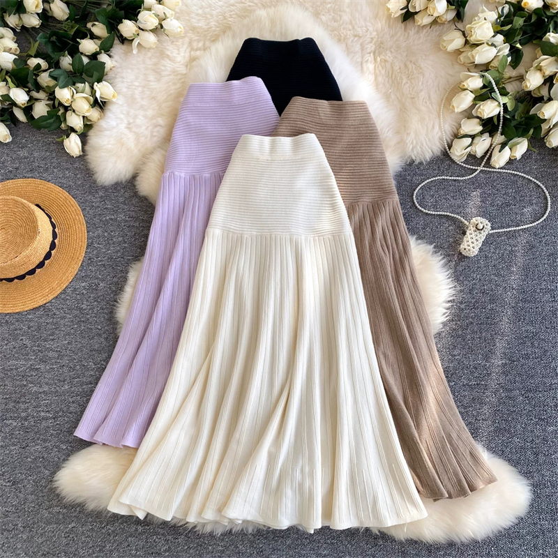 Jupe longue plissée en maille côtelée pour femme, taille haute élastique, coupe trapèze fluide, couleur unie, style coréen, décontractée, pour l'hiver