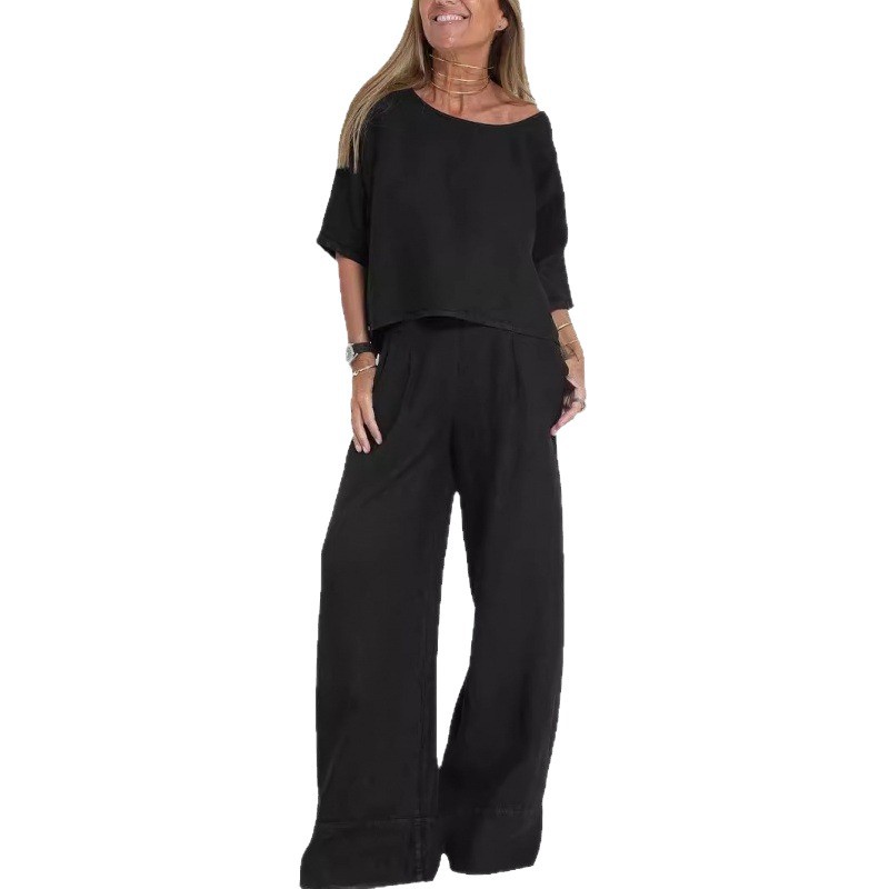 Ensembles 2 pièces pour femmes – Nouveauté été 2026 – Tenue décontractée ample unie avec haut à manches courtes et pantalon en coton et lin – Vêtements pour femmes