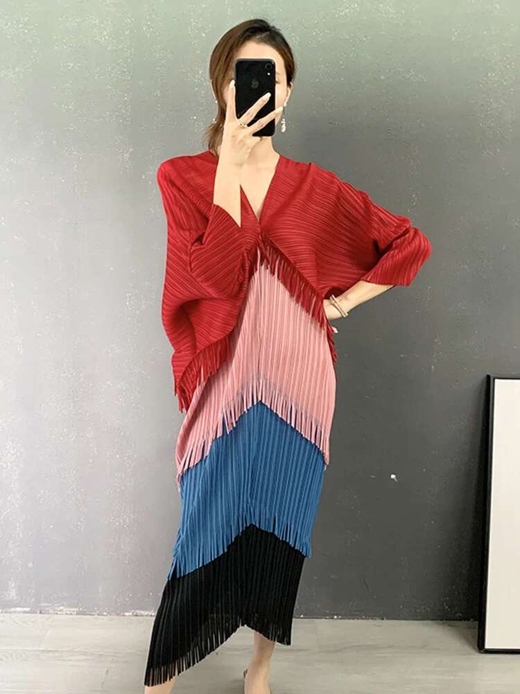 LANMREM-Robe de Nuit Plissée à Franges pour Femme, Patchwok, Manches Chauve-Souris, Mi-mollet, Mode Féminine, Été 2025, 2N789