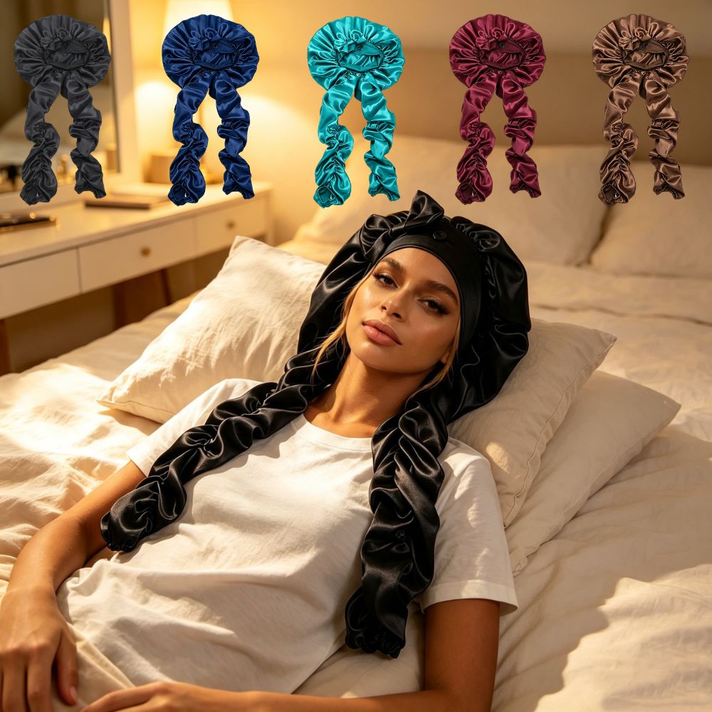 Nouveau bonnet en satin sans chaleur pour dormir, pour femmes, antidérapant, avec longues bandes de bouclage, ajustement réglable, bonnet de bouclage sans chaleur