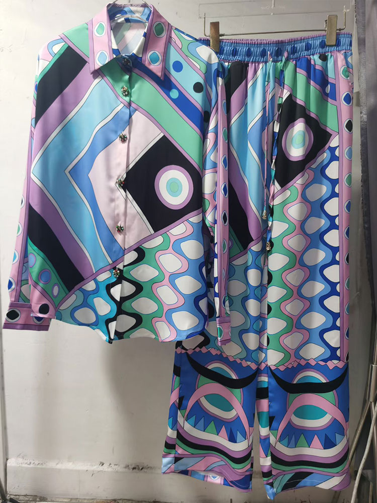 Ensemble 2 pièces pour femme : chemise à imprimé abstrait et pantalon large, élégant, chemisier à manches longues et revers, pantalon à taille élastique assorti