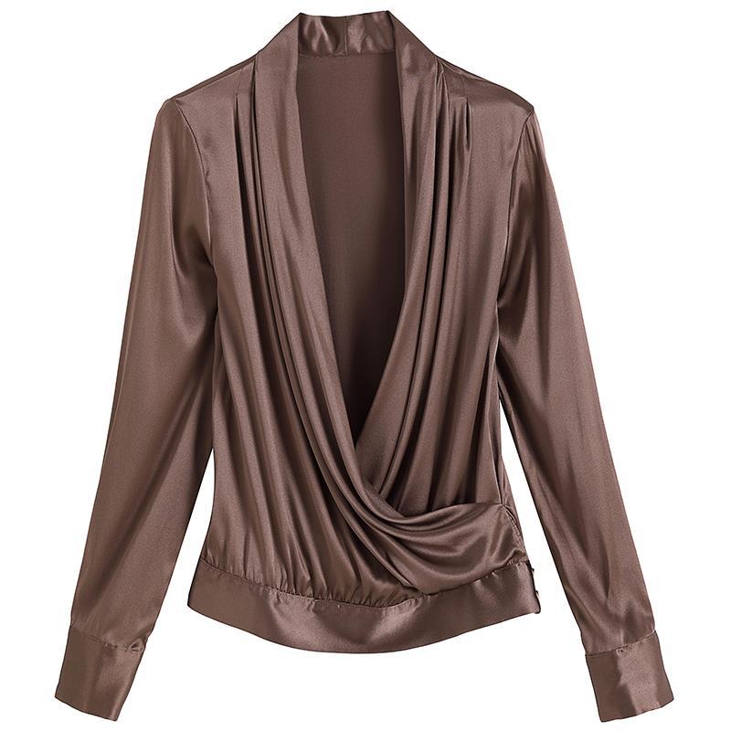 Chemise Mulberry InjStyle polyvalente et élégante, col en V croisé, manches longues, haut simulé, début d'automne, nouveau, 2025