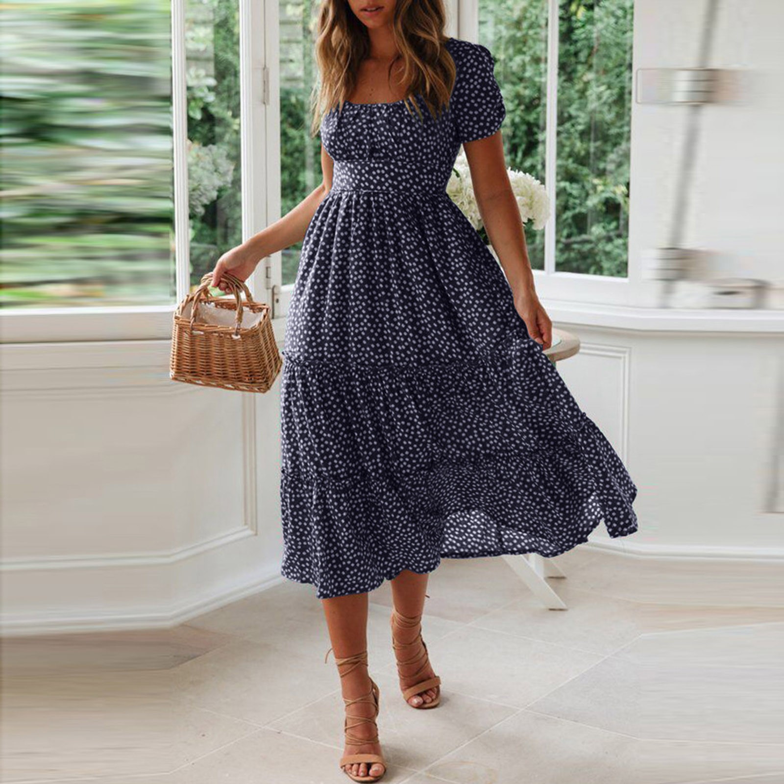 Robe d'été à fleurs fragmentées pour femmes, manches courtes évasées, décontractée, fluide, mi-longue, tempérament élégant, robes de soirée, tendance 2024