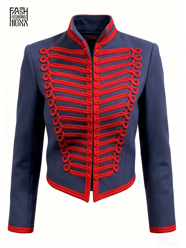 Veste de style Napoléon pour femme, manteau court à col montant et bordure tressée, vêtement d'extérieur tendance pour le printemps, nouvelle collection