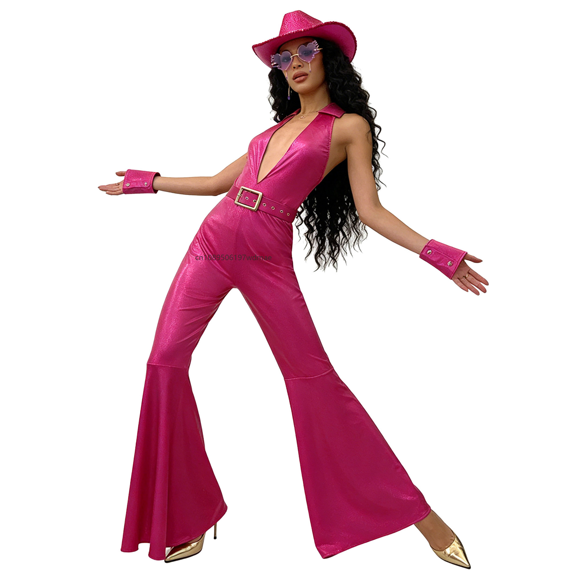 Costume de fête hippie, tenue disco cool, vêtements rétro pour femmes, masque, pantalon évasé hip-hop, combinaison pour performance de scène en boîte de nuit