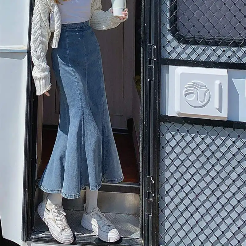 Jupe en denim taille haute à volants pour femmes, nouvelle jupe en queue de poisson commandée, jupes polyvalentes décontractées pour femmes, printemps et automne 2025