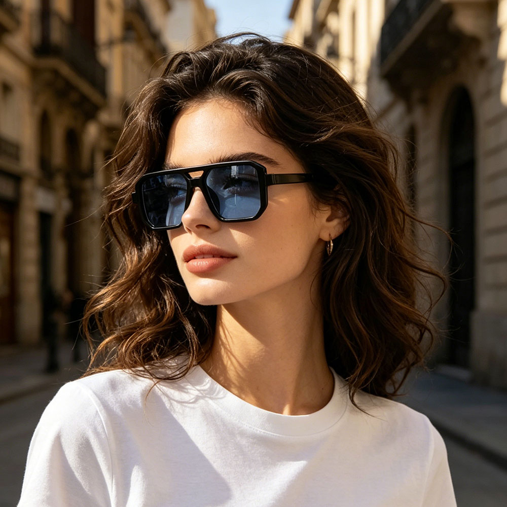 Lunettes de soleil carrées à double pont pour hommes, monture noire rétro, verres teintés orange, protection UV400, mode, plage, conduite, unisexe
