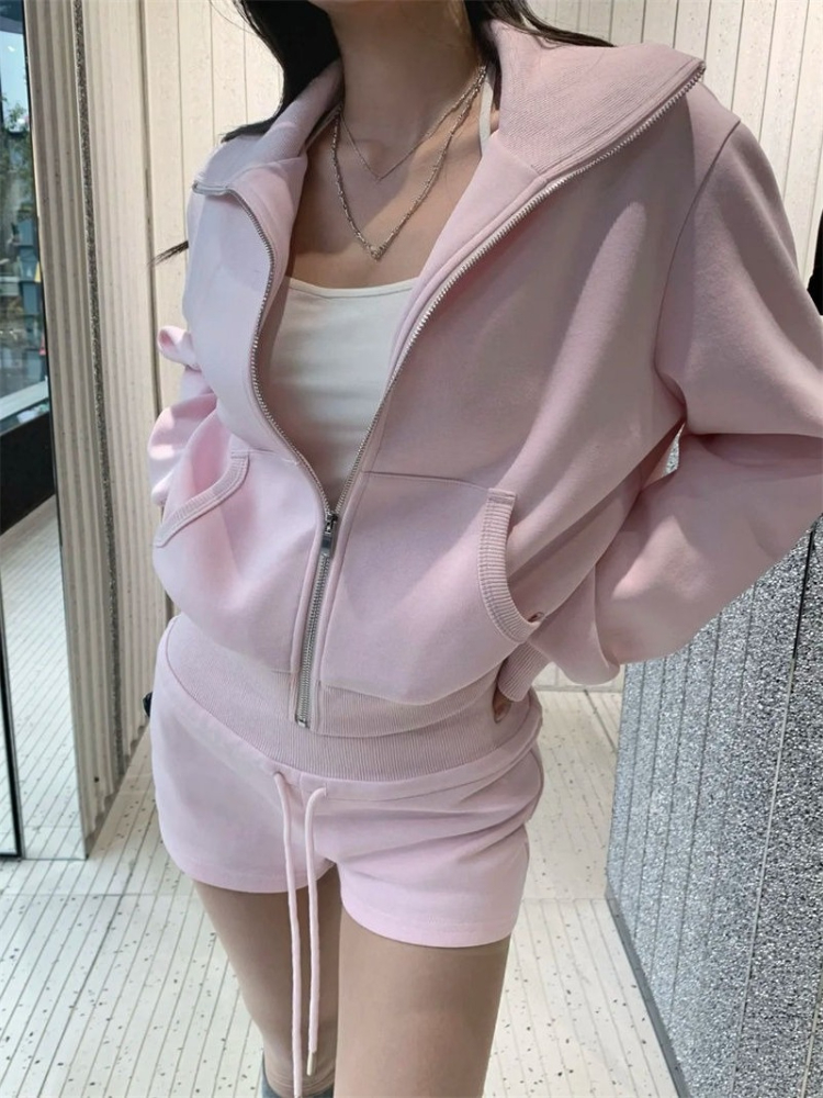 Ensemble 2 pièces décontracté rose de Style coréen pour femmes, veste à capuche avec fermeture éclair + short droit taille haute, Harajuku Chic, Streetwear, nouveau