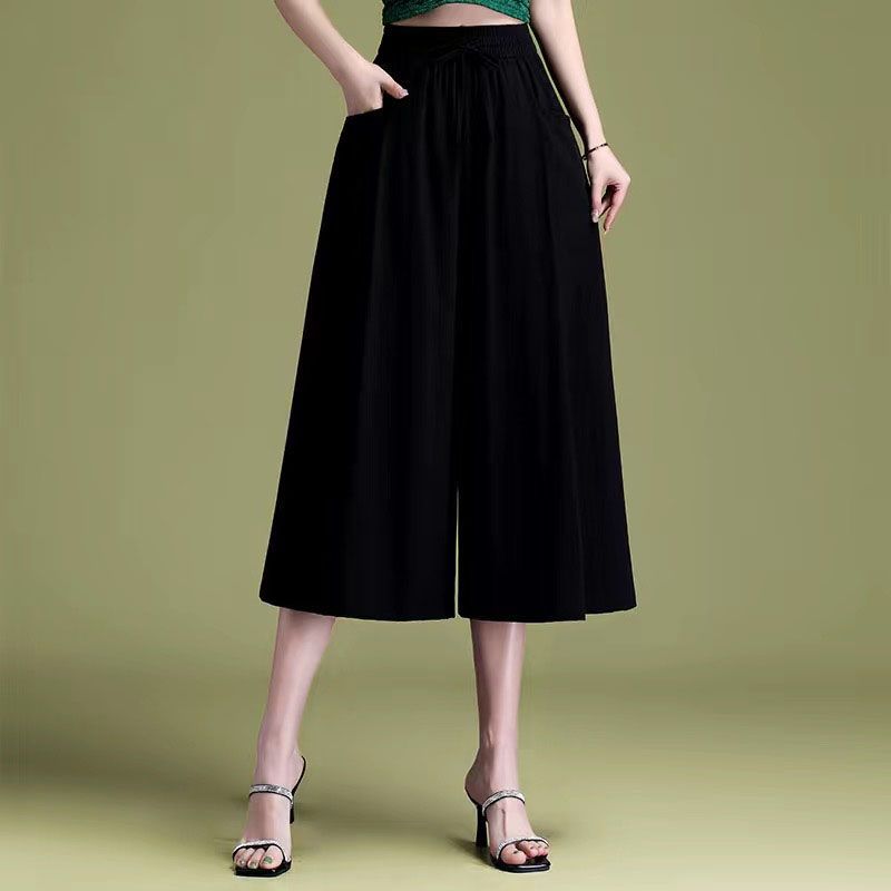 Pantalon Capri Femme Taille Haute Ample et Décontracté avec Poches, Couleur Unie, Jambe Large, Nouvelle Collection Été