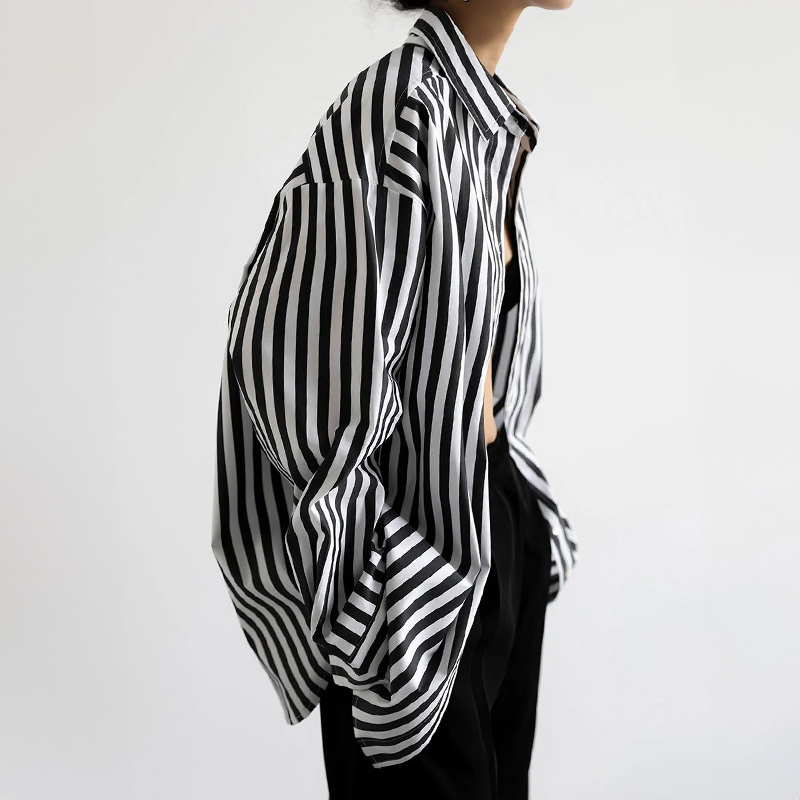 Femmes chemise noir et blanc rayé boutonné à manches longues surdimensionné petit ami Blouse hauts blusas para mujer tenue