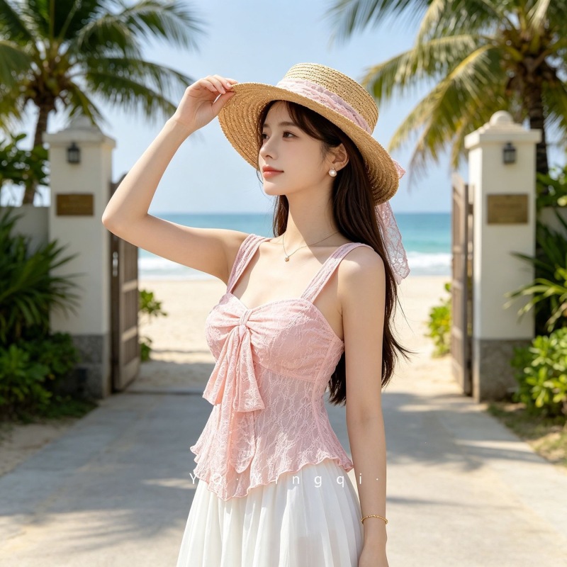 Camisole courte française pour femme, douce et pure, en tissu jacquard uni avec ornements en dentelle et nœud, taille cintrée, polyvalente et sans manches.