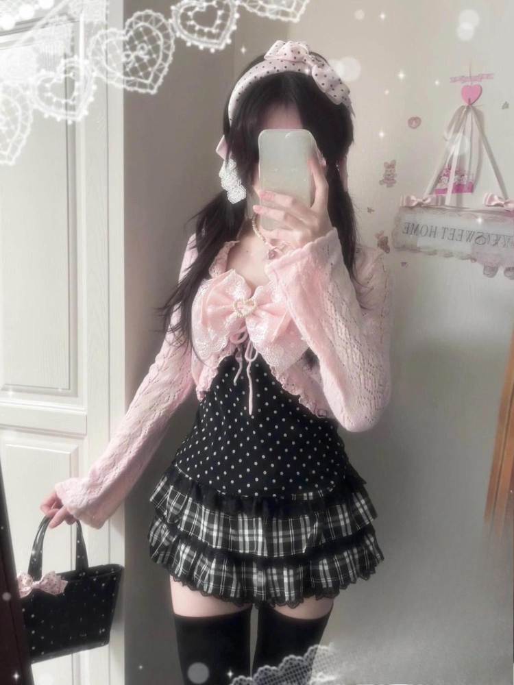 Ensemble jupe 3 pièces style Y2K japonais Kawaii pour femme, tenue vintage Harajuku des années 2000, ensemble chic Lolita avec dentelle, nœud et manches longues