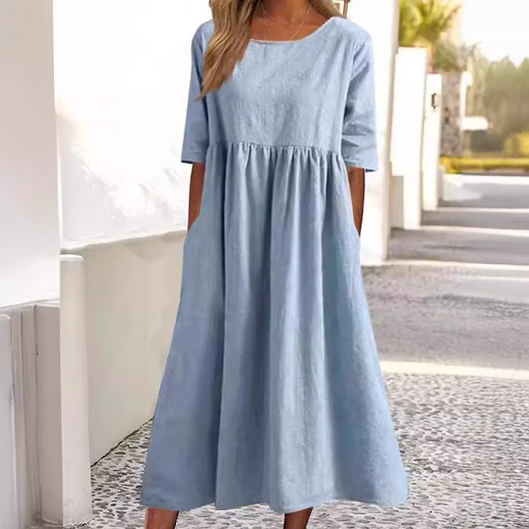 Robes pour femmes 2026 : Nouvelle robe décontractée en coton et lin à manches courtes, plissée, ample, col rond, avec poches – Vêtements féminins