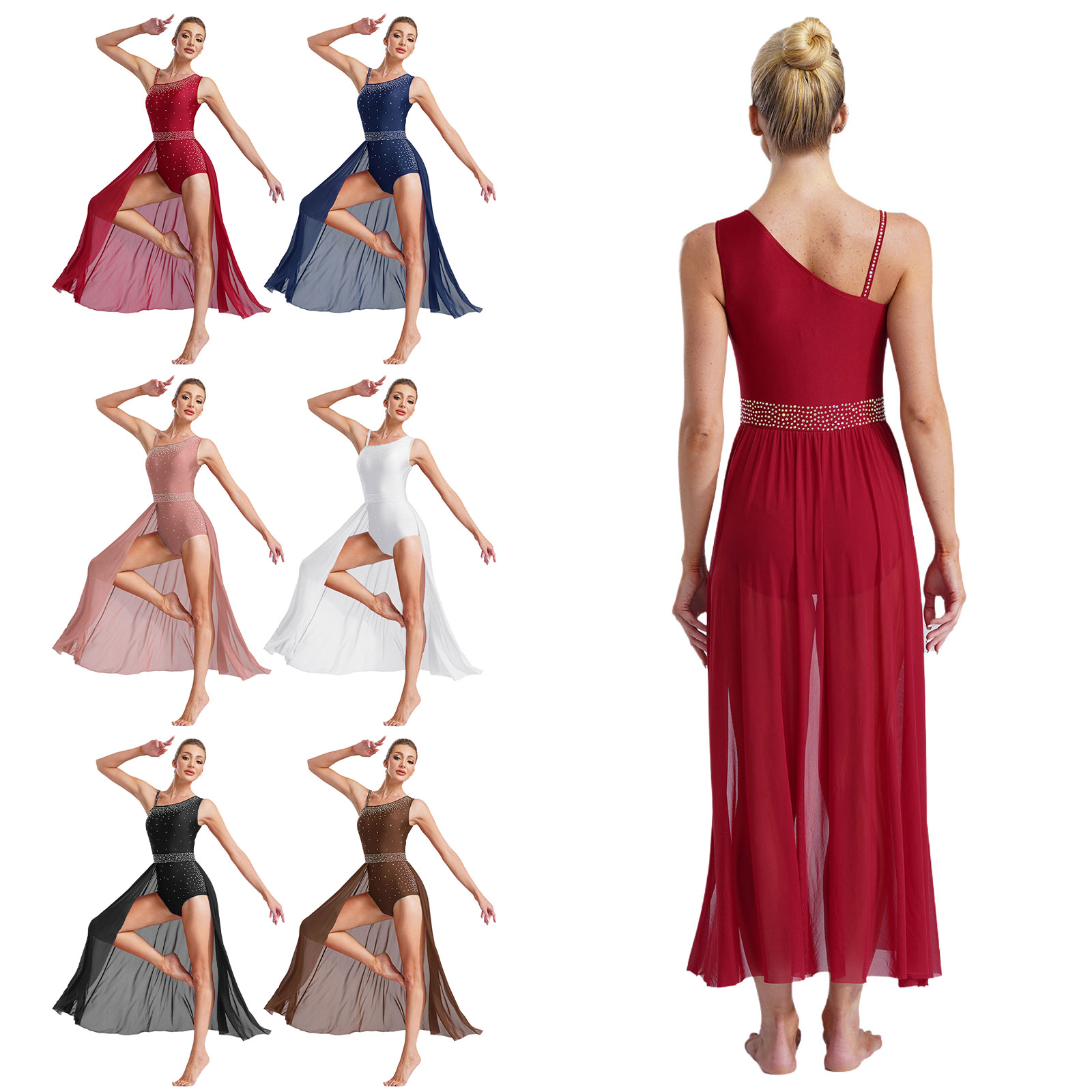 Costume de danse moderne contemporaine lyrique pour femmes, strass scintillants, épaule asymétrique fendue, maille transparente épissée, vêtements de danse