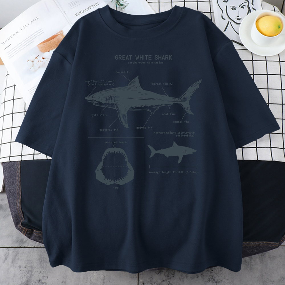 T-Shirt à Manches Courtes pour Homme, Estival et Décontracté, Style Hip Hop et Punk, Oversize, Grande Anatomie du Requin Blanc
