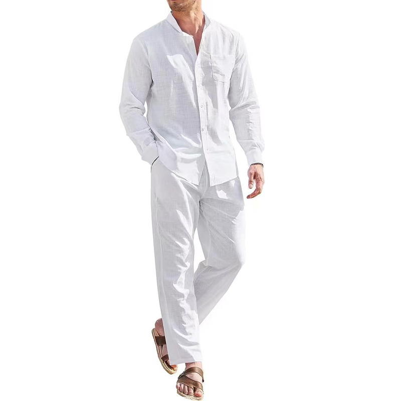 Chemise à manches longues à col en V pour hommes, lin trempé, respirant, solide, document, décontracté, sport, mode, ensemble deux pièces, tenues pour hommes, fj2