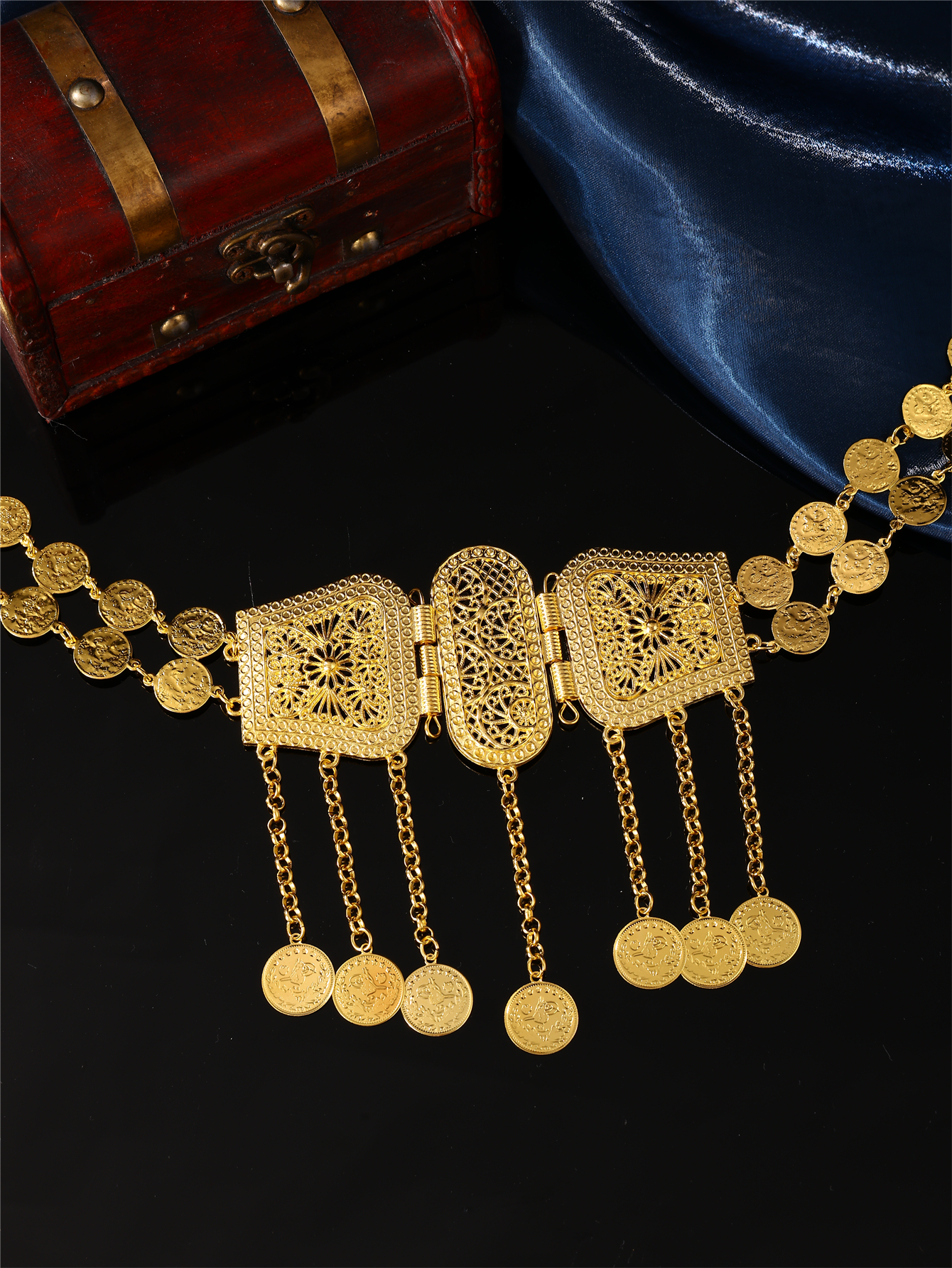 Ceinture de robe pour femme arabe dorée, bijoux de mariée marocaine, en métal avec pendentif pièce de monnaie, chaîne de taille pour robe de femme arabe, cadeau