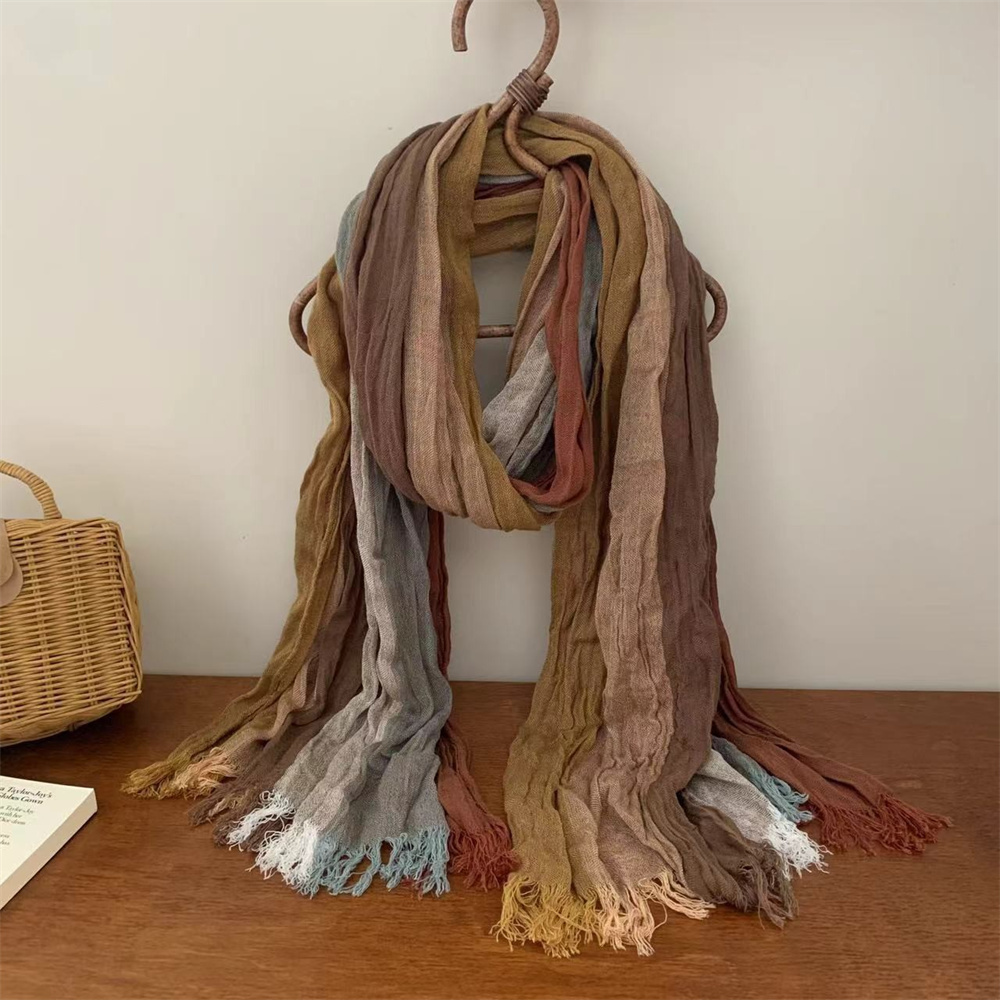 Écharpe longue à franges en lin mélangé style bohème rétro 2026 pour femme, dégradé de couleurs, respirante et douce, à rayures, pour usage quotidien