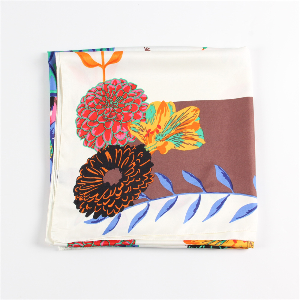 Injplanchers f-Foulard Carré à Imprimé de Fleurs pour Femme, Grand Châle en Bouteille, Bandana de Luxe, Hijab, 130cm