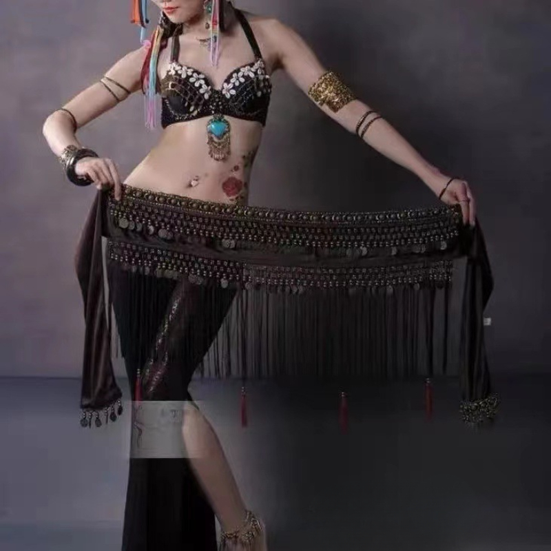 Costumes d'écharpe de hanche de danse du ventre tribal pour femmes, paillettes financières, long pompon, ceinture de danse du ventre, jupe ronde, taille, tenue de carnaval