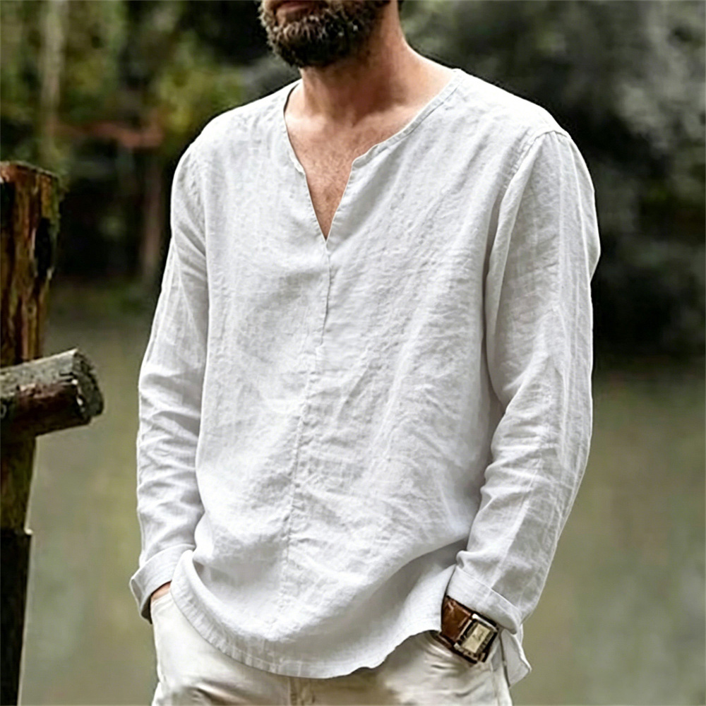 T-shirt à manches longues en coton et lin pour homme, couleur unie, respirant, léger, décontracté, confortable, style simple, hauts basiques pour homme