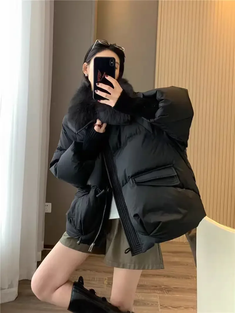 Femmes hiver nouveau col de fourrure bouffant vers le bas Parka ample vers le bas plus chaud épaissir veste de neige poche fermeture éclair fausse fourrure vêtements d'extérieur femme
