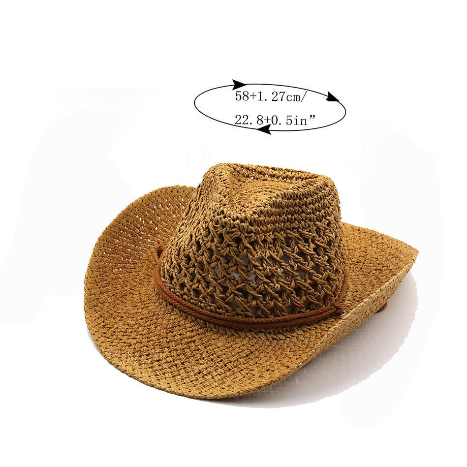 Chapeau de cowboy à grande avant-toit ajouré de style ethnique, chapeau de plage de printemps et d'été, chapeau de protection solaire en plein air, chapeau d'herbe