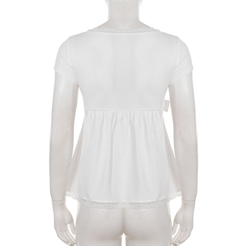 T-shirts élégants pour femmes à col en V, manches courtes, patchwork de dentelle, style coréen, avec ceinture ajustable, coupe trapèze, tendance