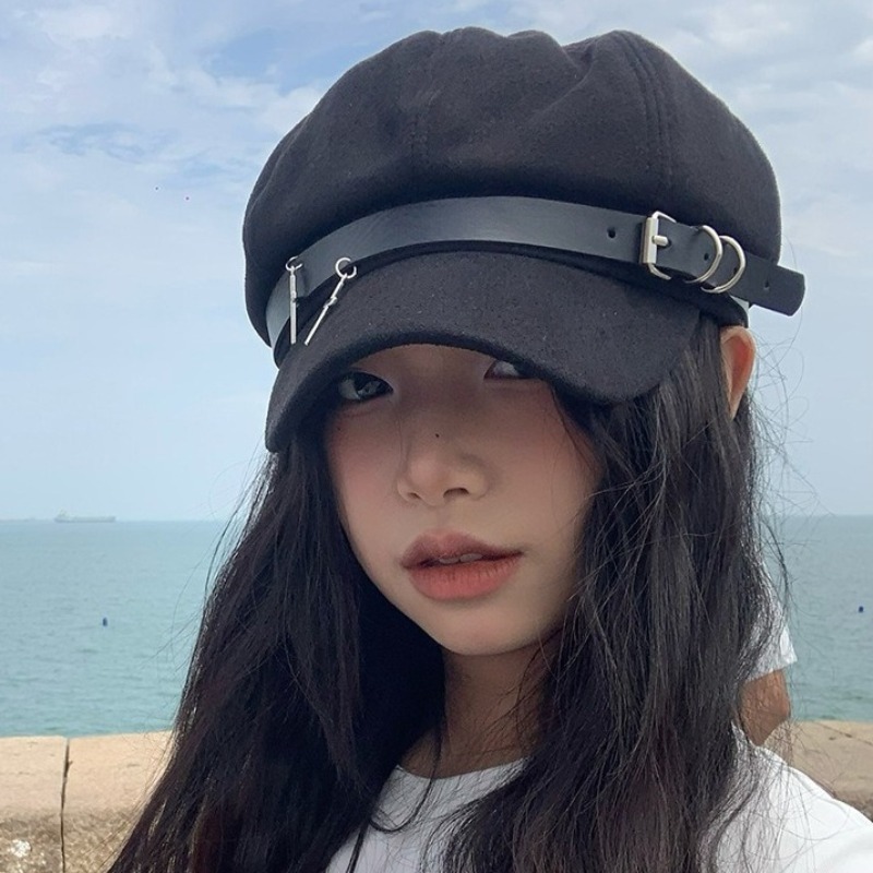 Béret de sous-culture Harajuku pour femmes, décor en cuir noir, boucle en métal, casquette gothique Punk Rock unisexe Y2K, bérets de peintre, chapeaux d'automne