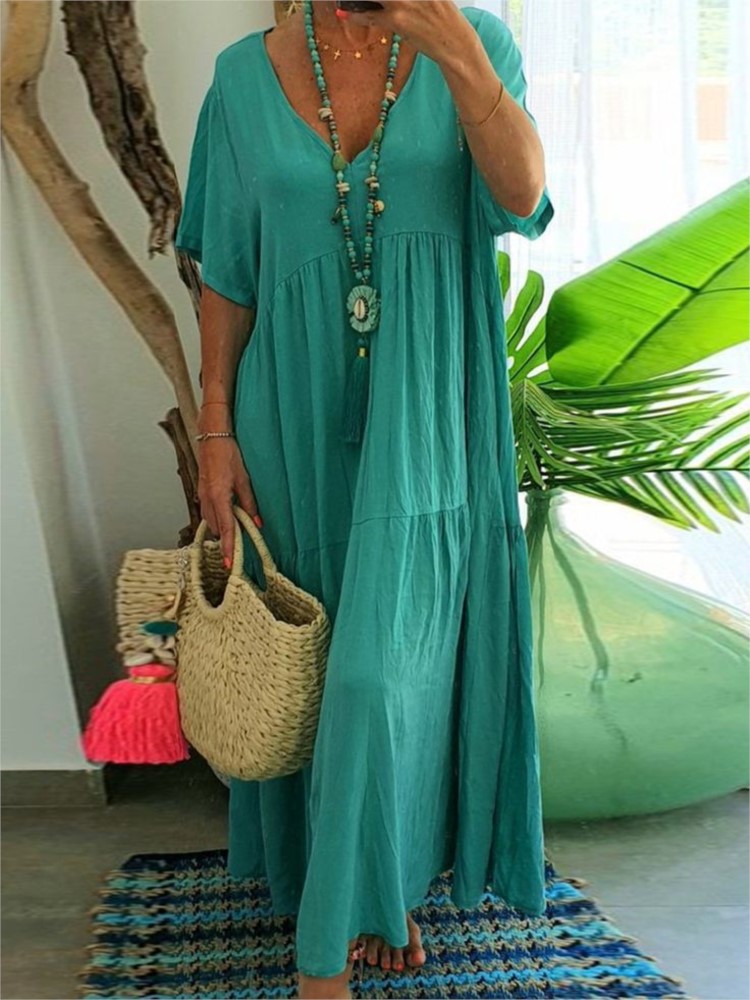 Nouvelle Robe Longue d'Été pour Femme, Col en V, Coupe Irrégulière, en Coton Mélangé, Élégante, Grande Taille, Décontractée, Longue et Ample, Style Vintage