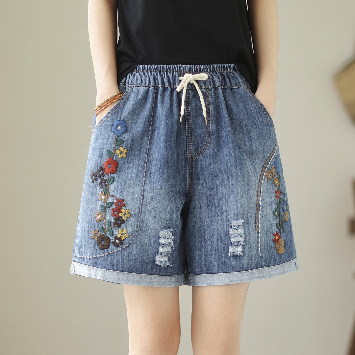Ider-Short en Jean pour Femme, Style Japonais Ethnique, Taille artificiel astique, Broderie de Fleurs Bleues, Denim, Été, Y2K