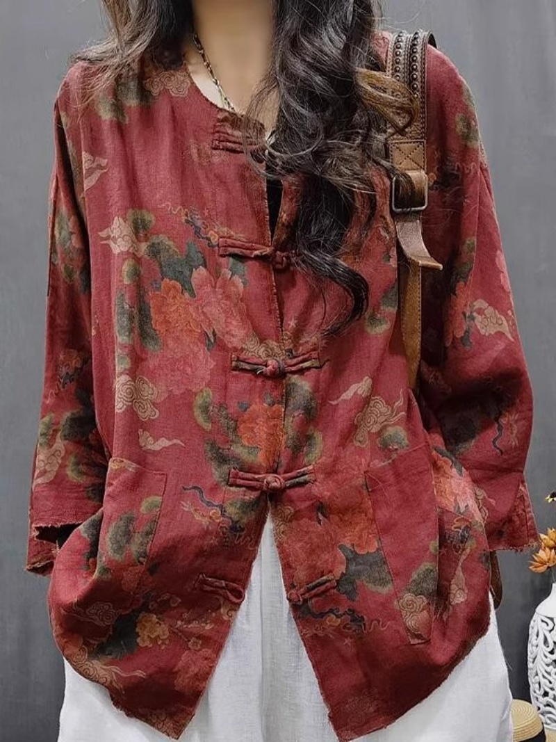 Vêtements pour femmes en coton et lin, automne 2025, Style ethnique rétro, haut en détresse, ample, imprimé, veste florale polyvalente w739