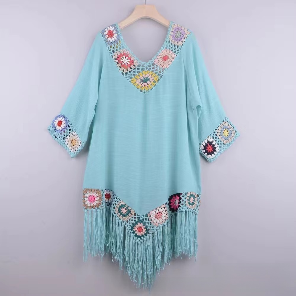 Robe de plage décontractée pour femme, style cache-maillot de bain, à franges, design ajouré, col en V, motif crochet