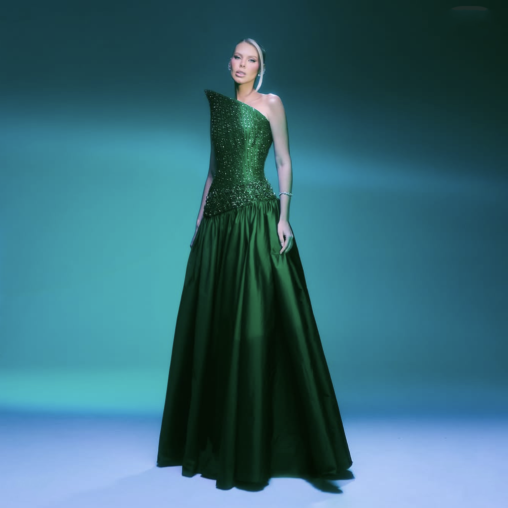 Robes de soirée vert émeraude sur mesure, robes de bal perlées coupe trapèze, longues robes de invitée de mariage arabe, design de col spécial