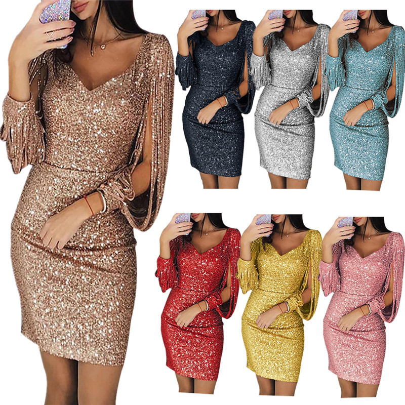 Robes grande taille pour femmes élégantes à manches longues paillettes Mini robes Sexy froncé moulante brillant paillettes robes de soirée Cocktail