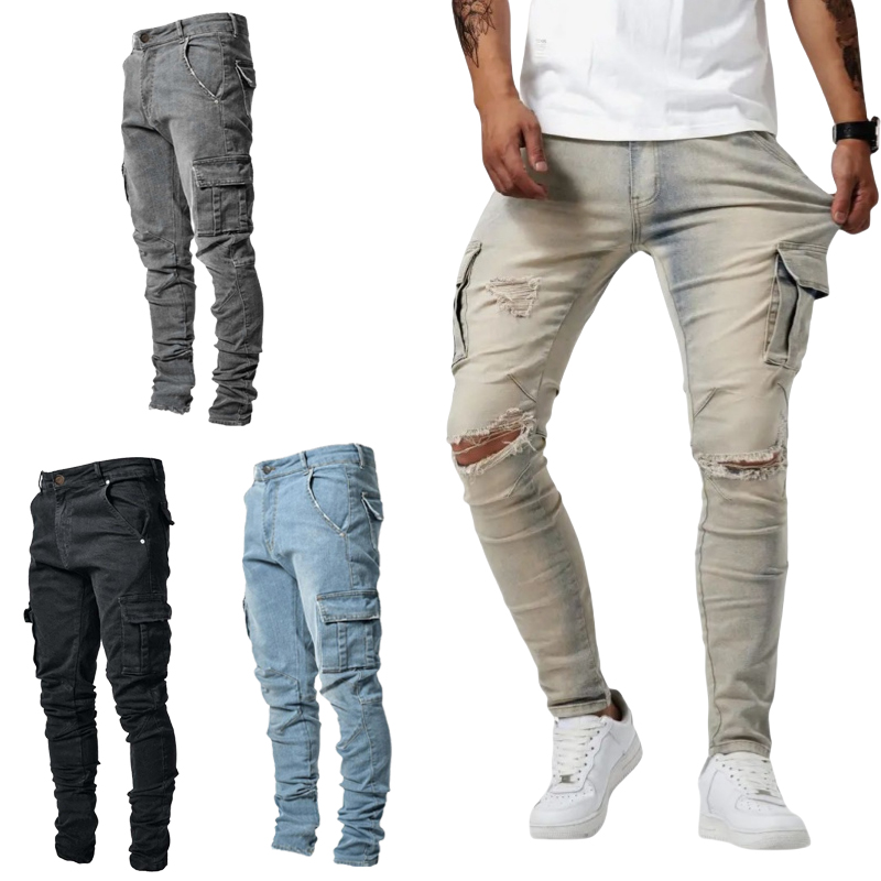 Jean Slim élastique pour hommes, pantalon en Denim décontracté, coupe cintrée, multi-poches, noir, pantalon Cargo solide, Streetwear, vêtements pour hommes