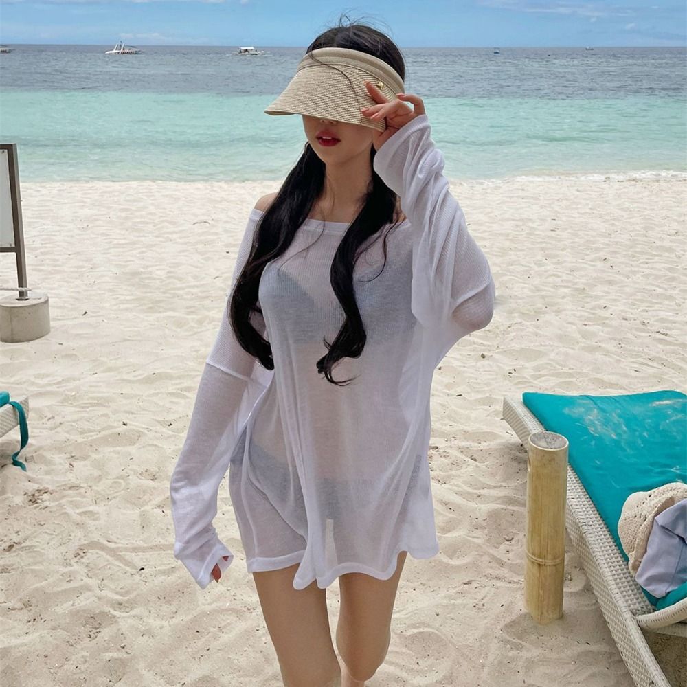 T-shirt ample Transparent pour couverture de Bikini, vêtements de plage d'été, chemises à fond uni, lavables, protection UV