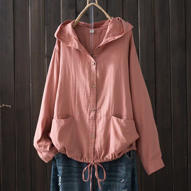 Cardigan à Capuche en Coton à Manches sulfpour Femme, Chemisier de Grande Taille, Chemises Solides, Style Japonais, Vêtements de Médicaments